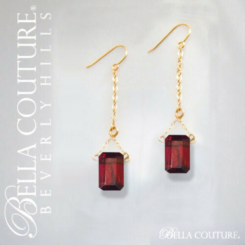 $699 GARNET BAGUETTE 14K YELLOW GOLD VICTORIAN DANGLE EARRINGS